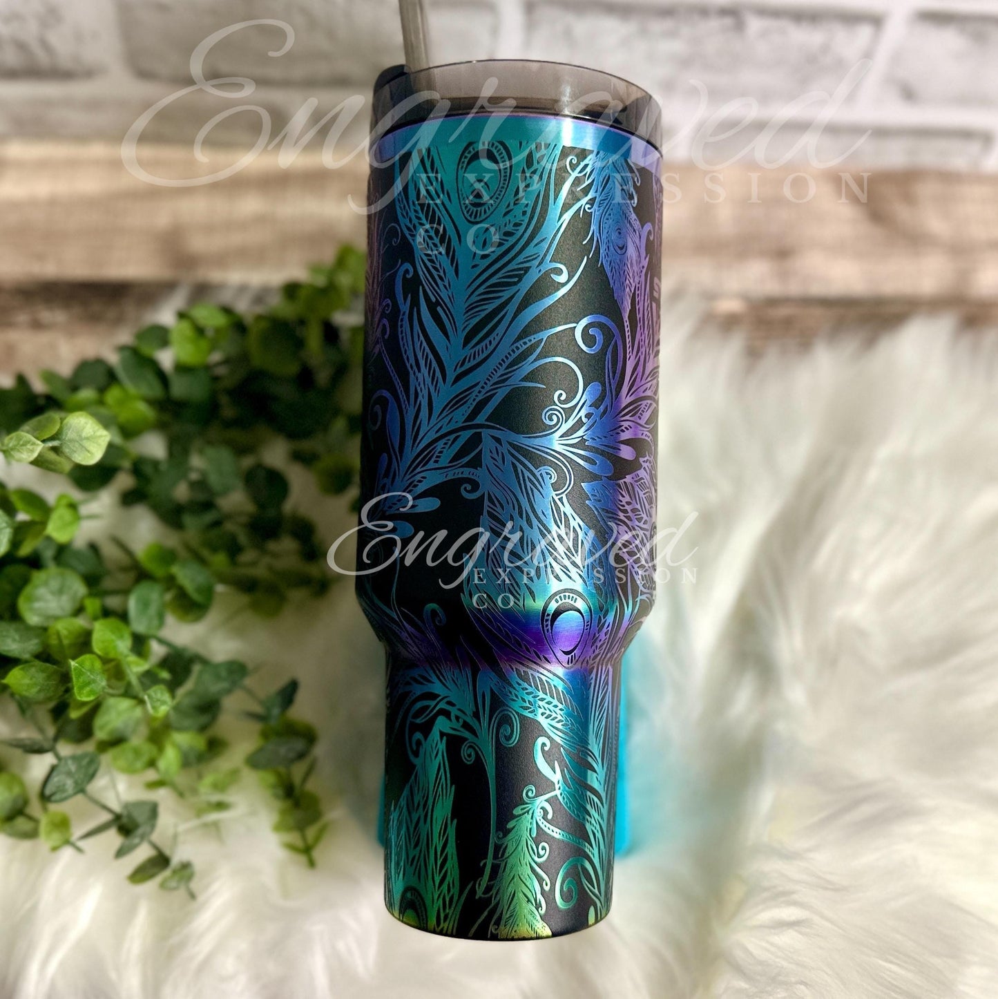Stanley Engraved Tumbler - Black Chroma Stainless Steel Cup | Peacock Feather Design