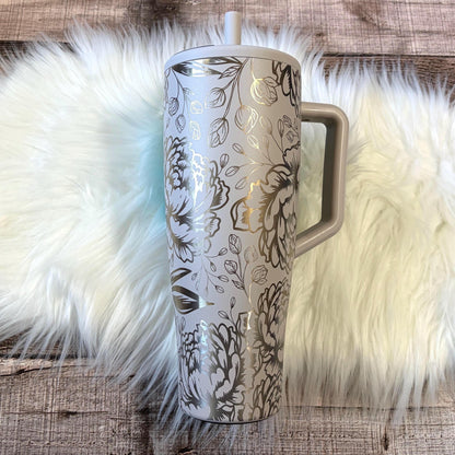 Engraved Brumate Tumbler - 40oz Insulated Stainless Steel Cup With Peony Floral Design