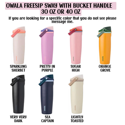 a collection of six different colored owala freesip swans with bucket handles, each with a unique color and design.
