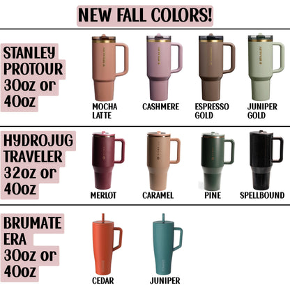 a collection of Starbucks stainless steel travel mugs in various fall colors, including pink, beige, green, and black.