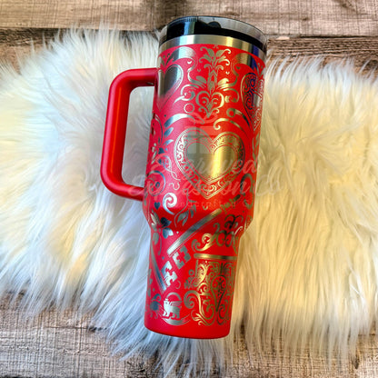 Engraved Stanley Tumbler - 40oz Insulated Cup with Skeleton Key Heart Design