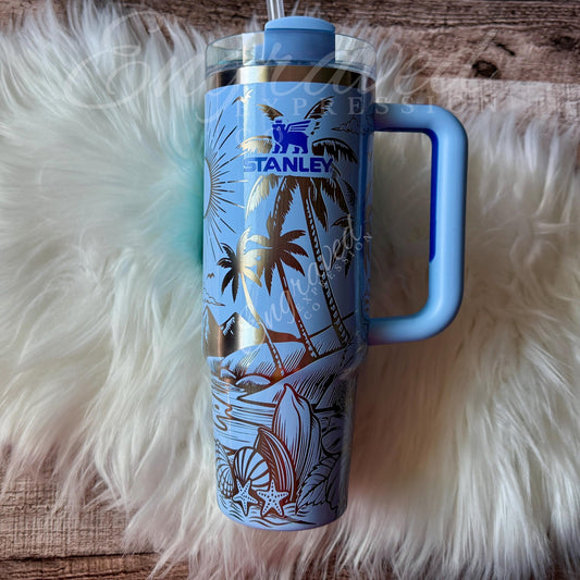 Stanley Quencher Tumbler - Engraved Beach Theme, Cornflower Gloss Stainless Steel Cup