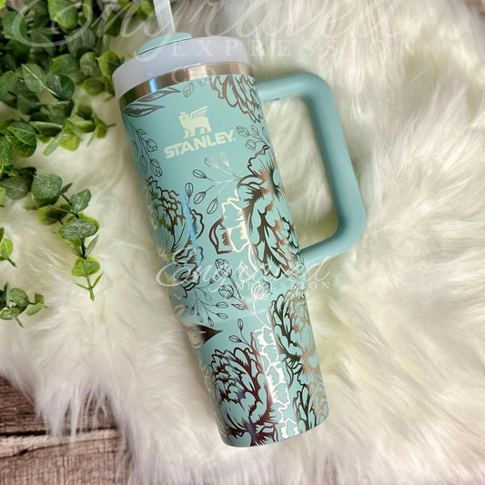 Stanley Engraved Tumbler – Stainless Steel Vacuum Insulated Cup with Peony Flower Design