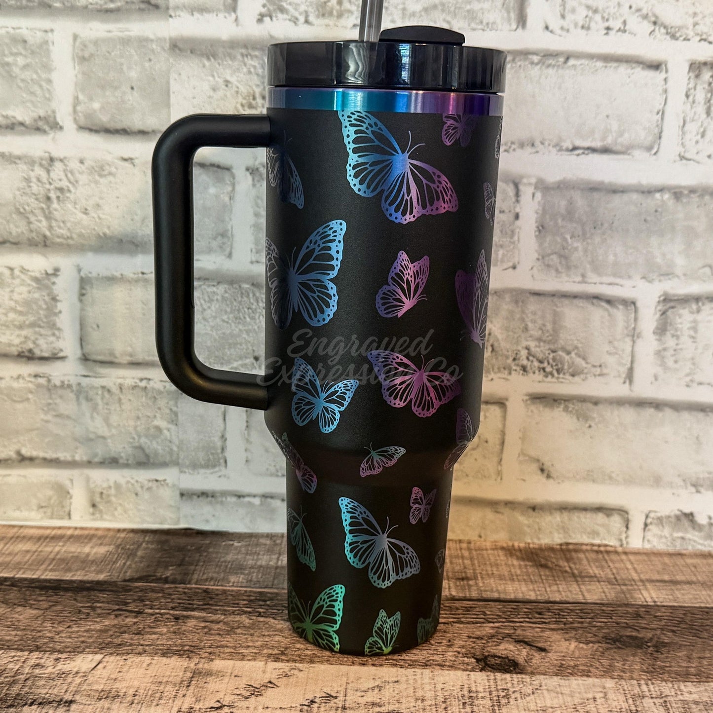 Engraved Stanley Tumbler - Black Chroma Full Wrap Butterfly Design, Vacuum Insulated Cup
