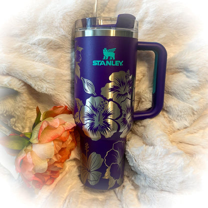 Engraved Stanley Tumbler - Hibiscus Floral Travel Insulated Tumbler with Laser Design
