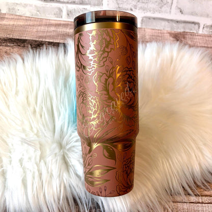Stanley Protour Tumbler – Engraved Mocha Latte Stainless Steel Cup With Peony Floral Design