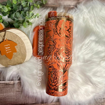 Stanley Engraved Tumbler - Pumpkin Spice Stainless Steel Cup With Peony Flower Design