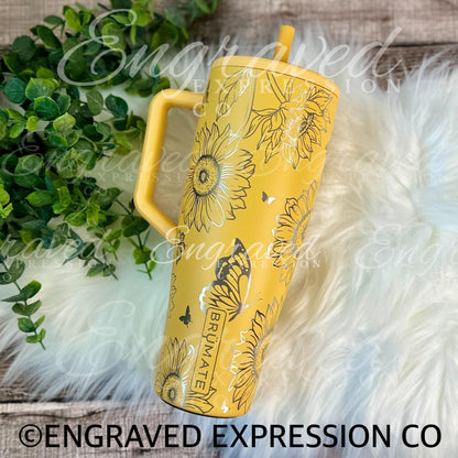 Engraved Brumate Tumbler – Custom Floral Sunflower & Butterfly Etched Yellow Drinkware
