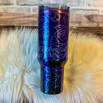 Stanley Quencher Tumbler | Custom Engraved Rose Floral 30oz & 40oz Metallic Star Shine