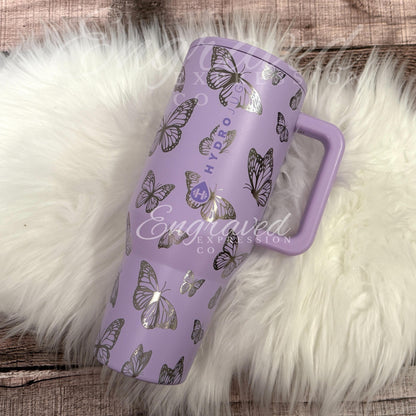 Laser Engraved Tumbler - HydroJug Traveler 40oz | Butterfly Engraved Design, Leak Proof Cup