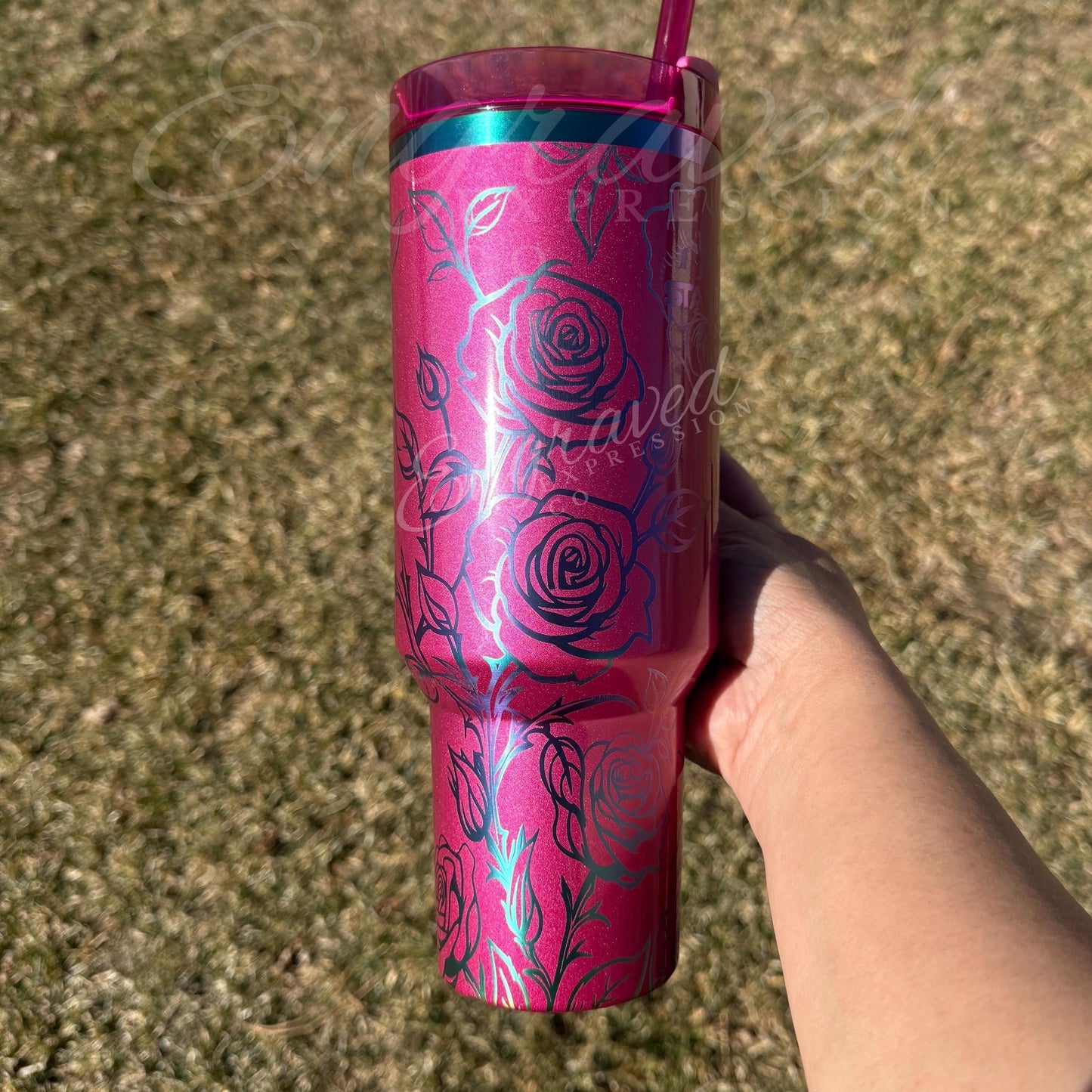 Engraved Stanley Quencher - Custom Laser Tumbler With Rose Floral Etching