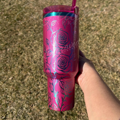 Engraved Stanley Quencher - Custom Laser Tumbler With Rose Floral Etching