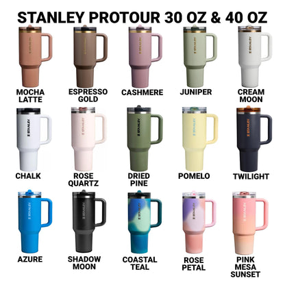 a collection of twelve stainless steel travel mugs in various colors and sizes, including a 30 oz and a 40 oz model.