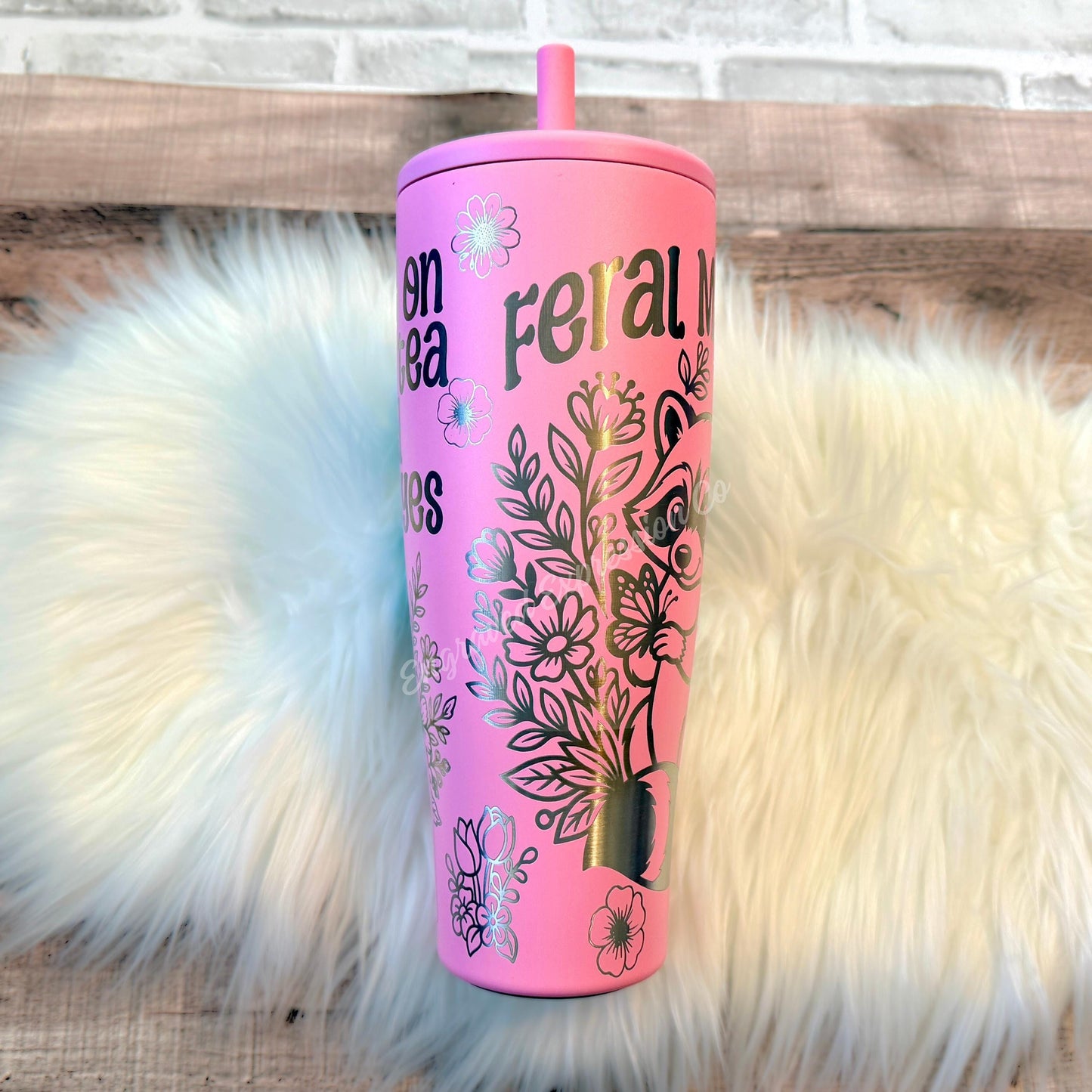 Engraved Brumate Tumbler | Primrose Pink Stainless Steel Cup with Raccoon Floral Design