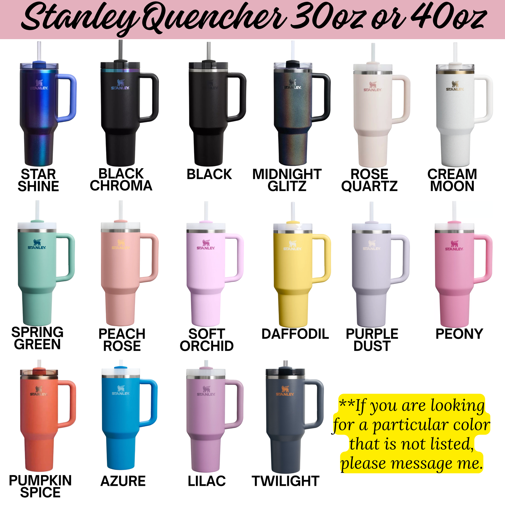 a collection of twelve stainless steel tumblers in various colors, including black, blue, pink, yellow, peach, soft orchid, purple, peach, peach, daffodil, purple, peony, and pumpkin spice.
