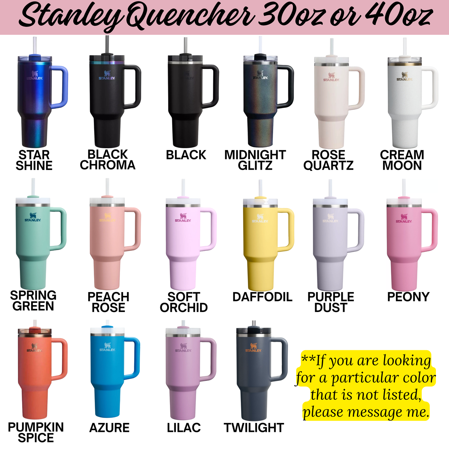 a collection of twelve stainless steel tumblers in various colors, including black, blue, pink, yellow, peach, soft orchid, purple, peach, peach, daffodil, purple, peony, and pumpkin spice.