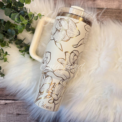 Stanley Quencher Tumbler - Engraved Floral Magnolia Design | Cream Moon 30 oz
