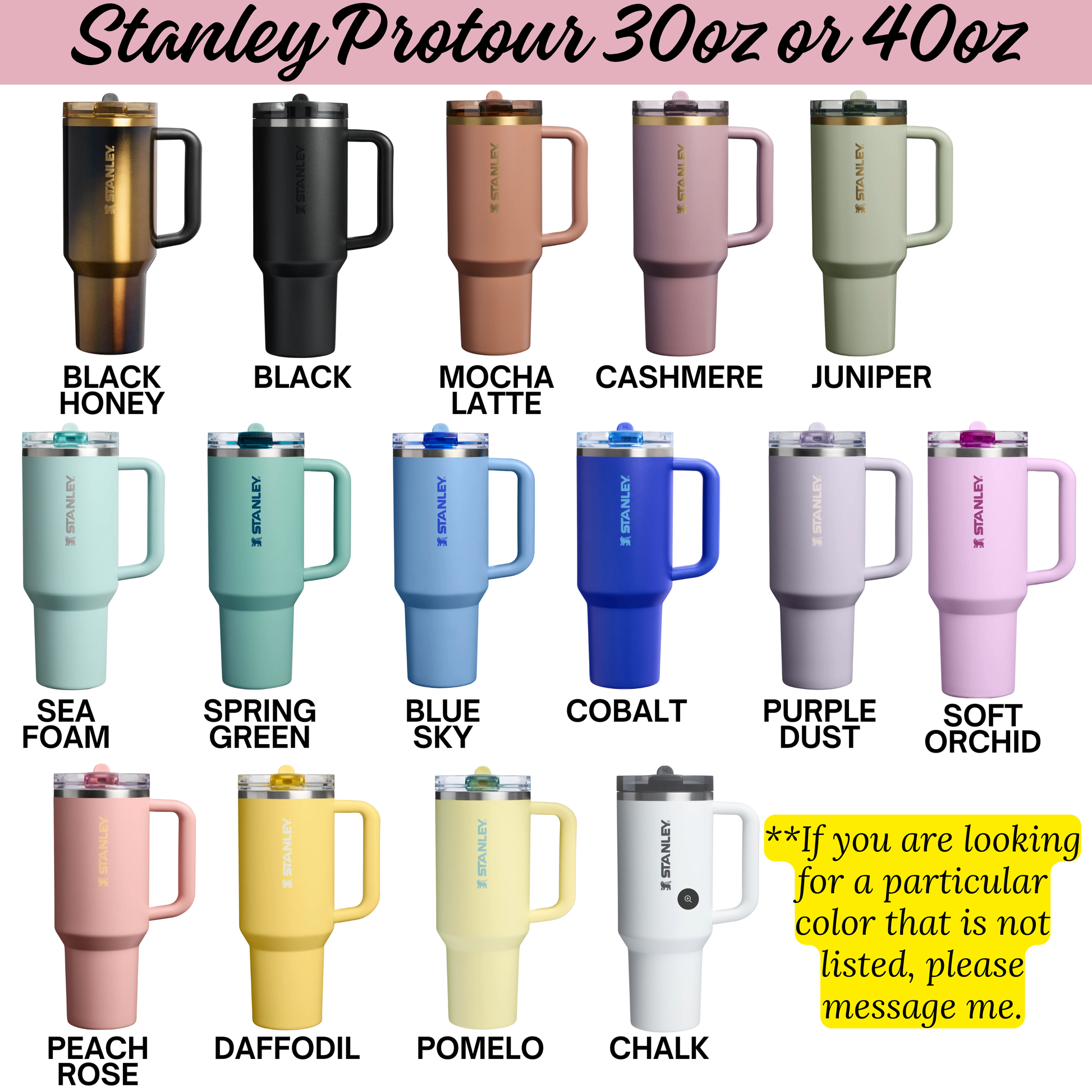 a collection of twelve stainless steel tumblers in various colors, including black, black honey, black mocha latte, black cashmere, black jiniper, black spring green, blue, blue mocha latte, blue cobalt, purple, purple orchid, soft orchid, peach rose, daffodil, pomelo, and chalk.
