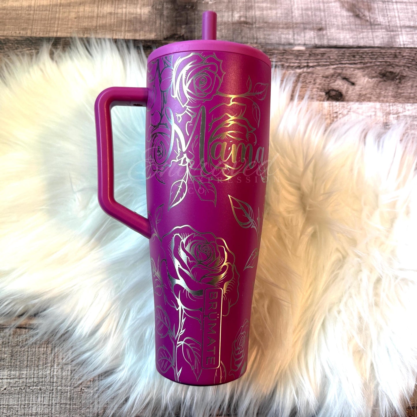 Engraved Brumate Tumbler - 40oz Stainless Steel Cup with Rose Design, Dragonfruit Color