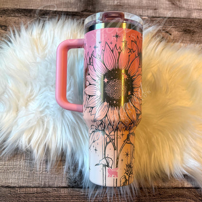 Stanley Quencher Tumbler – Engraved Stainless Steel Pink Mesa Sunset Sunflower Design