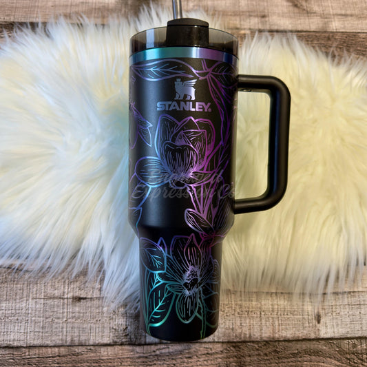 Engraved Stanley Tumbler - Black Chroma Magnolia Design, Double-Wall Vacuum Insulated