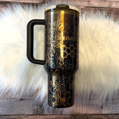 Honeycomb Bee Tumbler | Engraved Black Gold Drinkware 40 Oz Gift