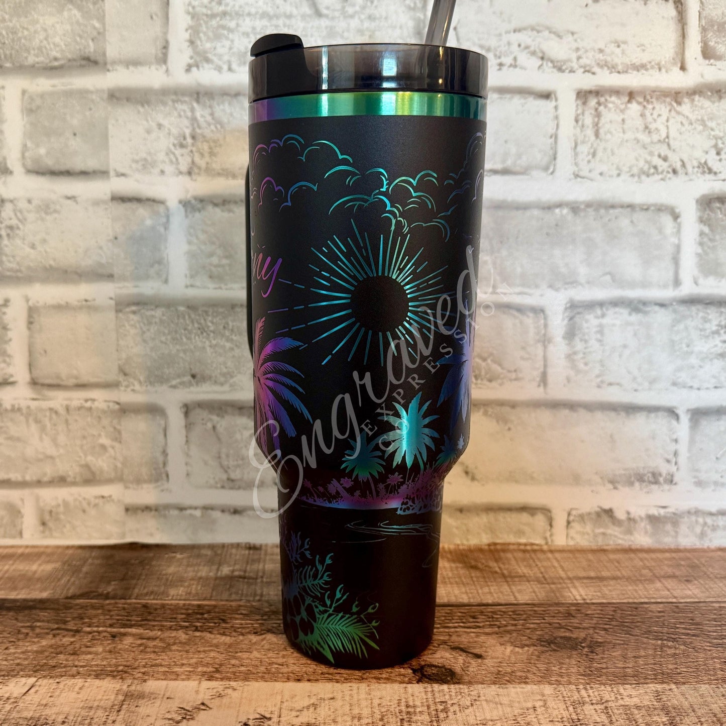 Stanley Engraved Tumbler – Black Chroma Tropical Beach Cup | Insulated Travel Mug