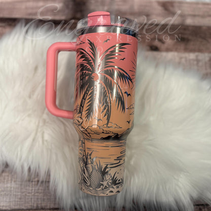 Laser Engraved Tumbler - Personalized Drinkware With Beach Sunset Design & Hibiscus Motif