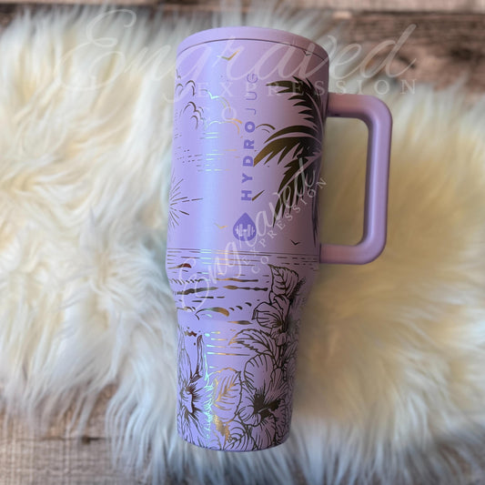 Engraved Hydrojug Tumbler – Lavender Tropical Beach Design With Leak Proof Straw