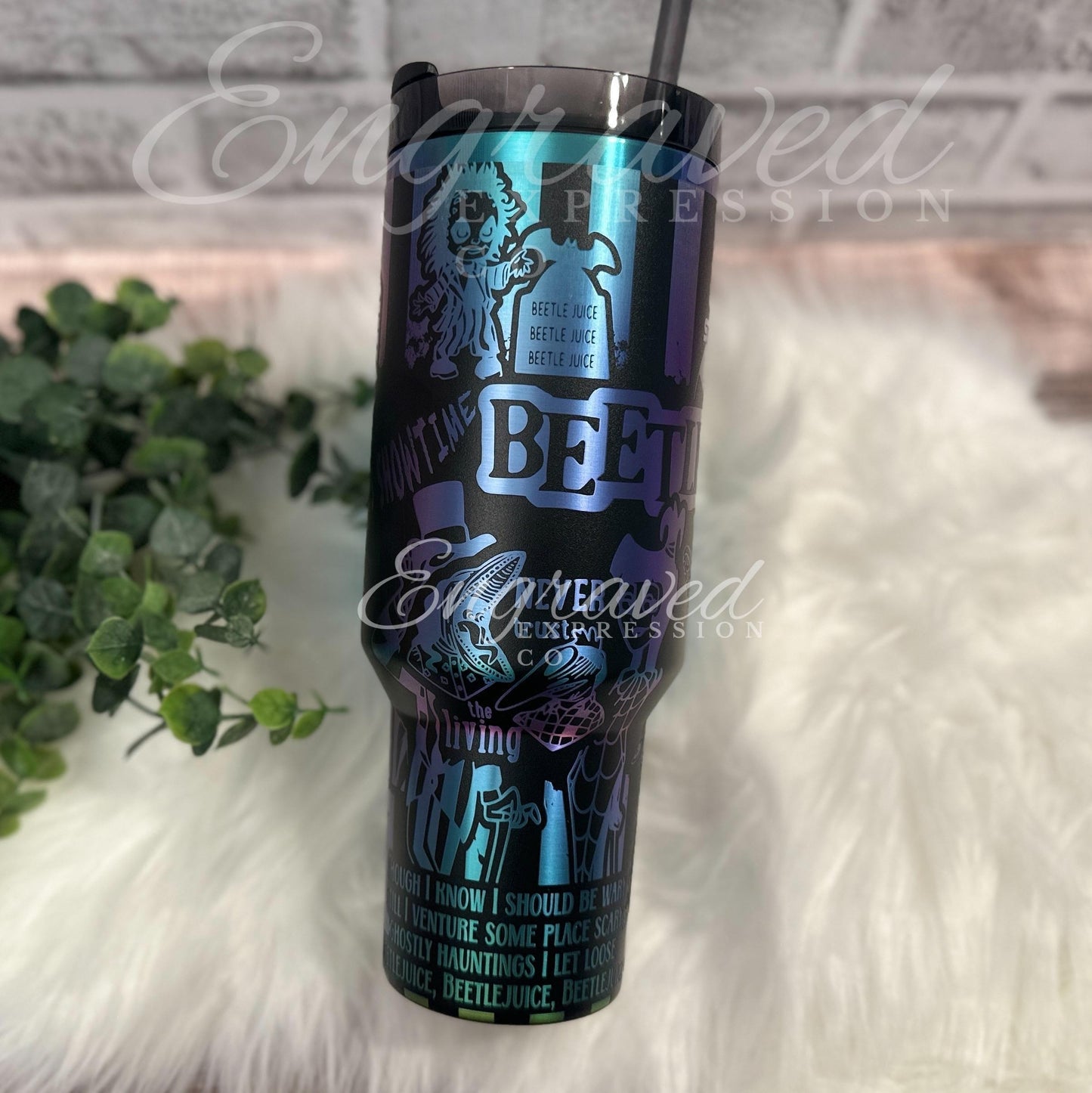 Engraved Stanley Tumbler - Black Stainless Steel | Beetle Design | Vacuum Insulated Cup
