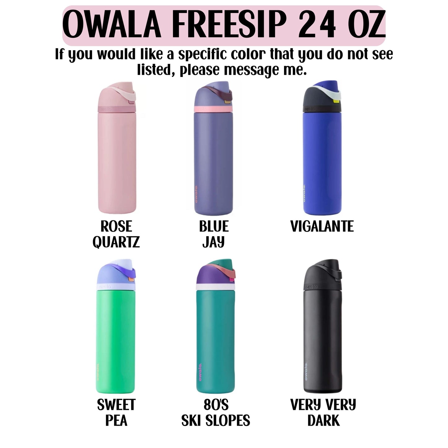 six different colored 24 oz freesip bottles, each with a unique color and design.