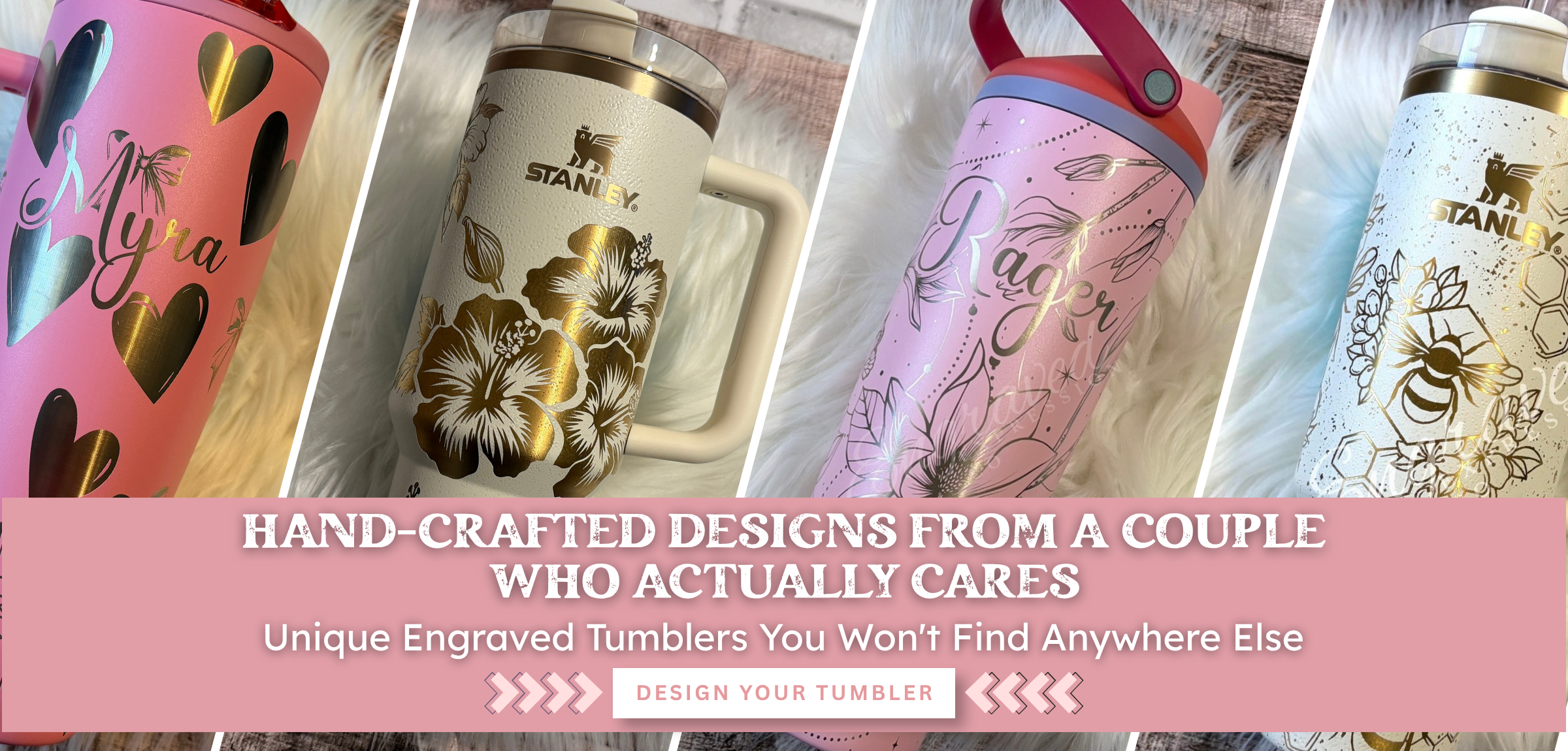 Banner image of four engraved brand name tumblers