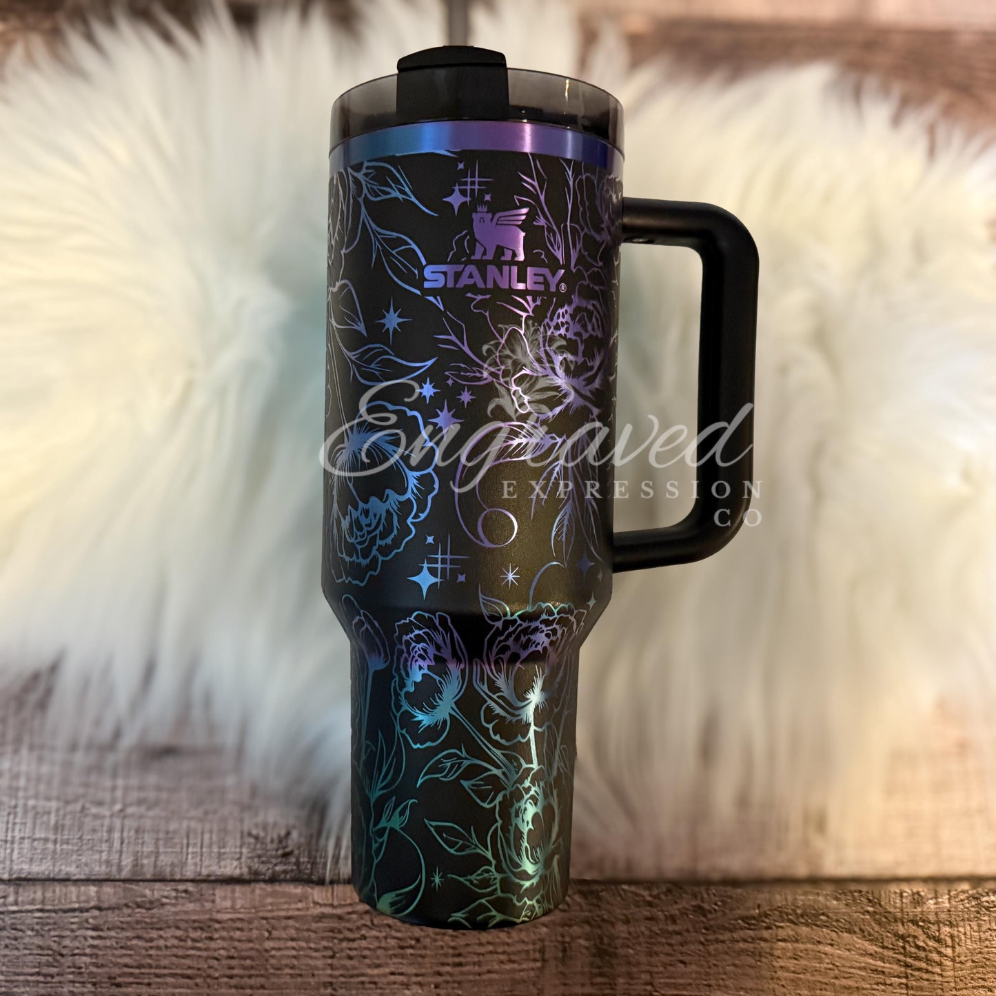 Engraved Stanley Tumbler | Black Chroma Stainless Steel Cup With Peony Flower Engraving