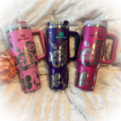 Engraved Stanley Tumbler - Hibiscus Floral Travel Insulated Tumbler with Laser Design