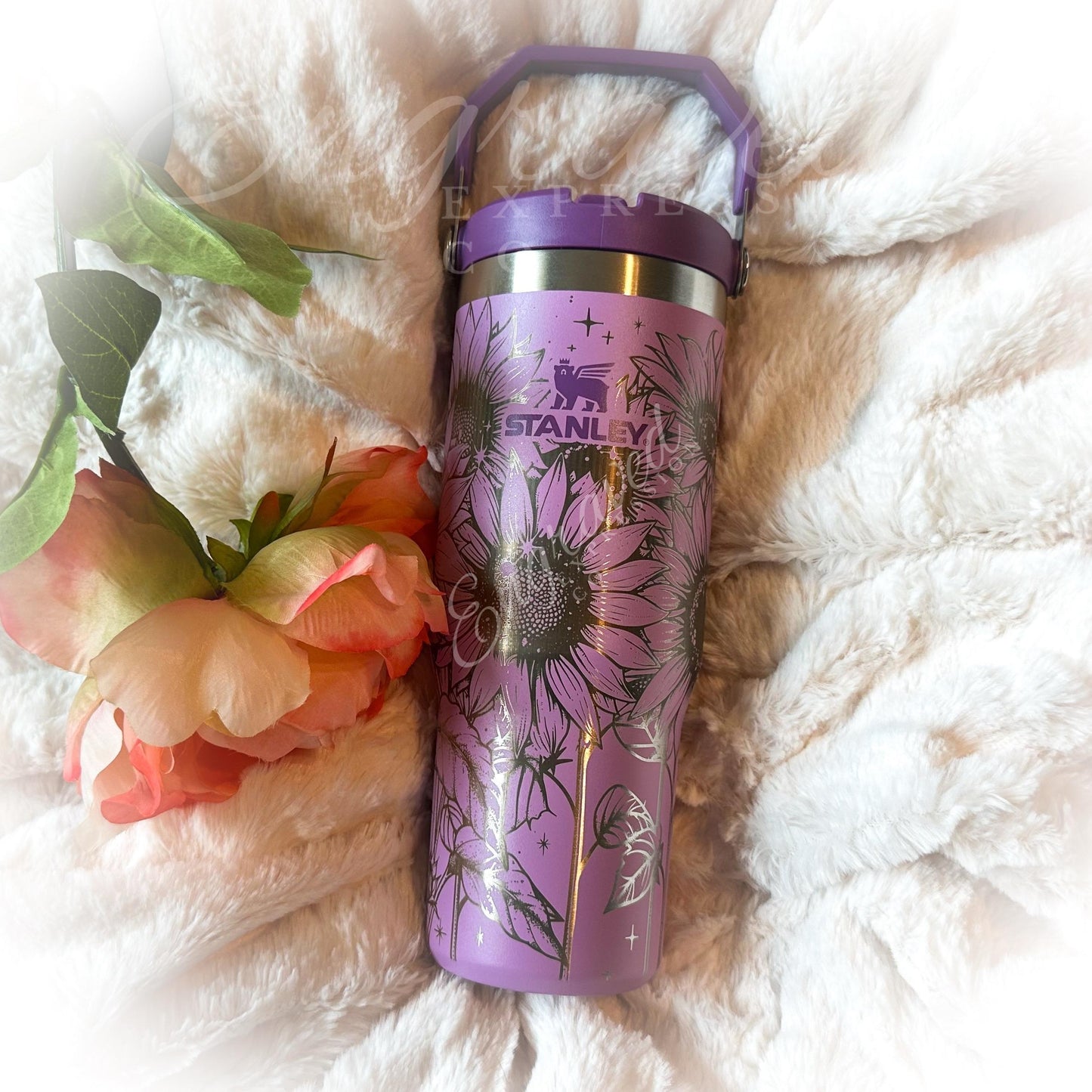 Stanley IceFlow Tumbler – 30 oz Insulated Lilac Cup with Engraved Sunflower Design