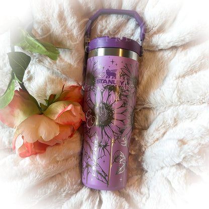 Stanley IceFlow Tumbler – 30 oz Insulated Lilac Cup with Engraved Sunflower Design