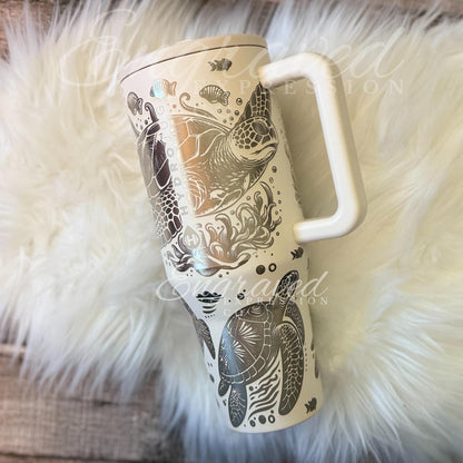 Engraved Hydrojug Tumbler - 40 oz Insulated Cup With Sea Turtle Design, Leak Proof