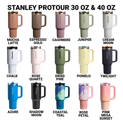 a collection of twelve stainless steel travel mugs in various colors, including brown, green, pink, and blue.
