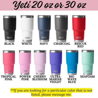 a collection of ten different colored Yeti tumblers, each with a unique color and size. The colors include black, white, navy, charcoal, red, pink, cherry blossom, ultra-marine, big wave, and seafoam. The sizes range from 20 oz to 30 oz.