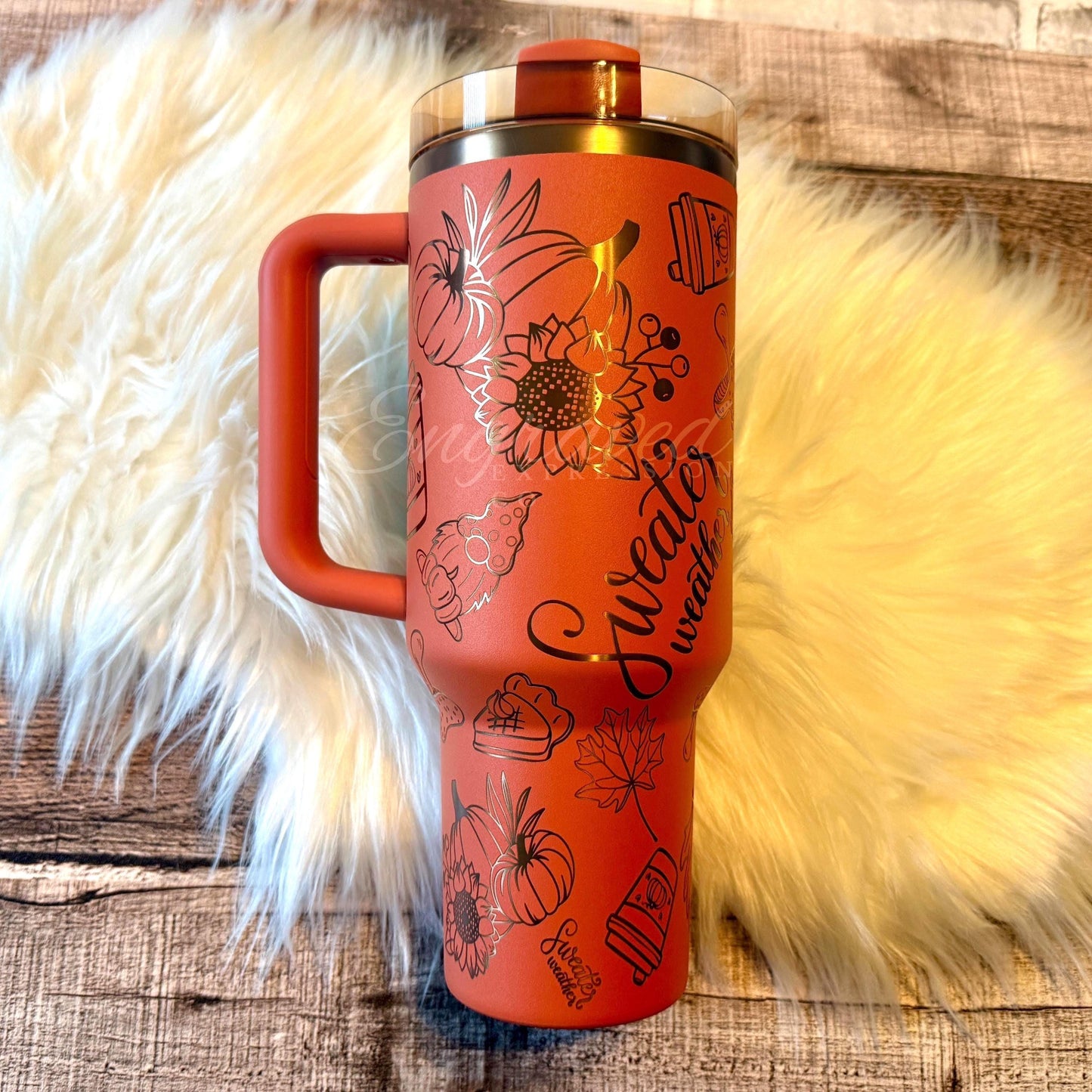 Laser Engraved Tumbler | Copper Stanley Tumbler With Pumpkin Spice Sweater Weather Design