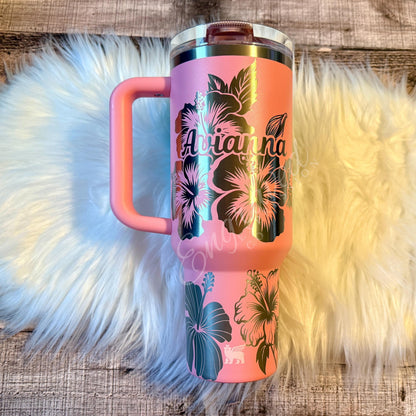 Laser Engraved Tumbler – Pink Mesa Stanley With Hibiscus Flower Design