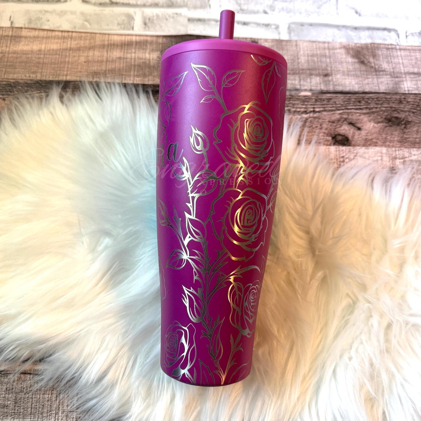 Engraved Brumate Tumbler - 40oz Stainless Steel Cup with Rose Design, Dragonfruit Color