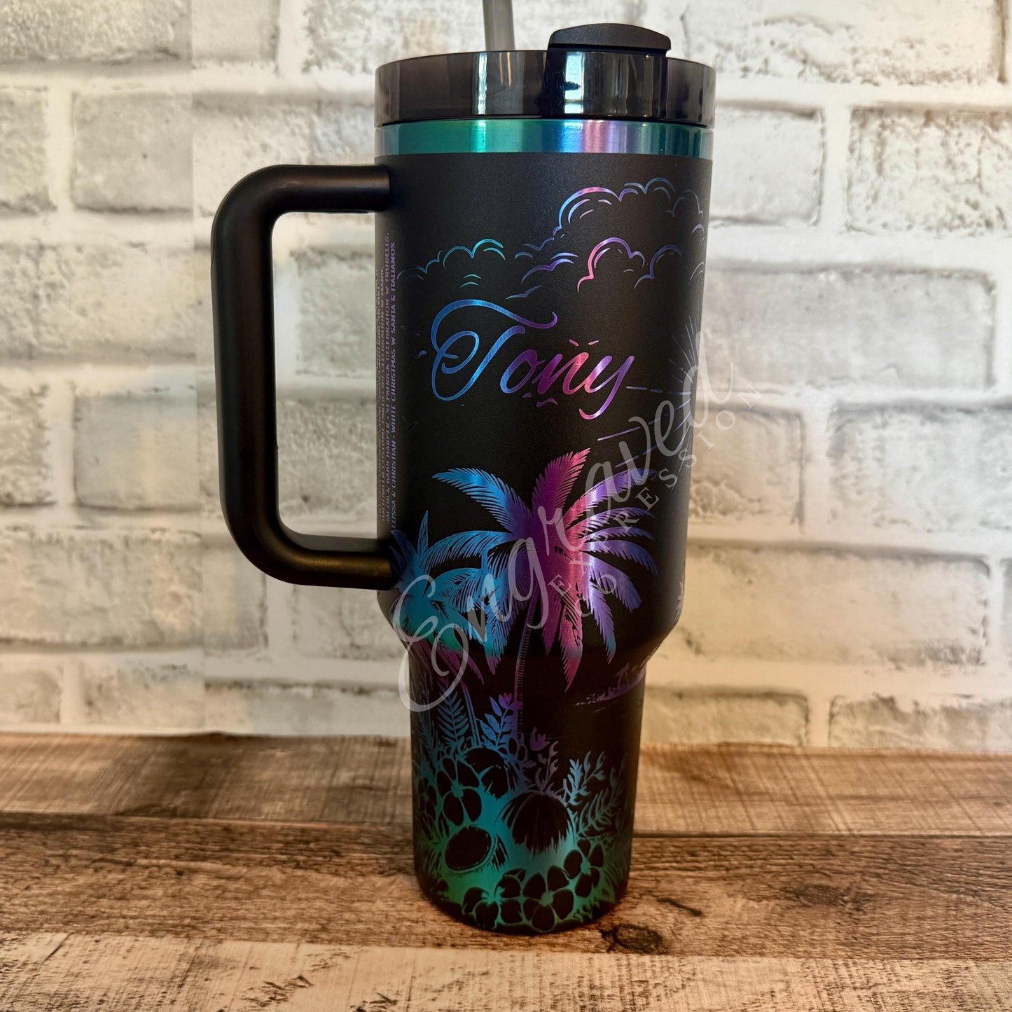 Stanley Engraved Tumbler – Black Chroma Tropical Beach Cup | Insulated Travel Mug