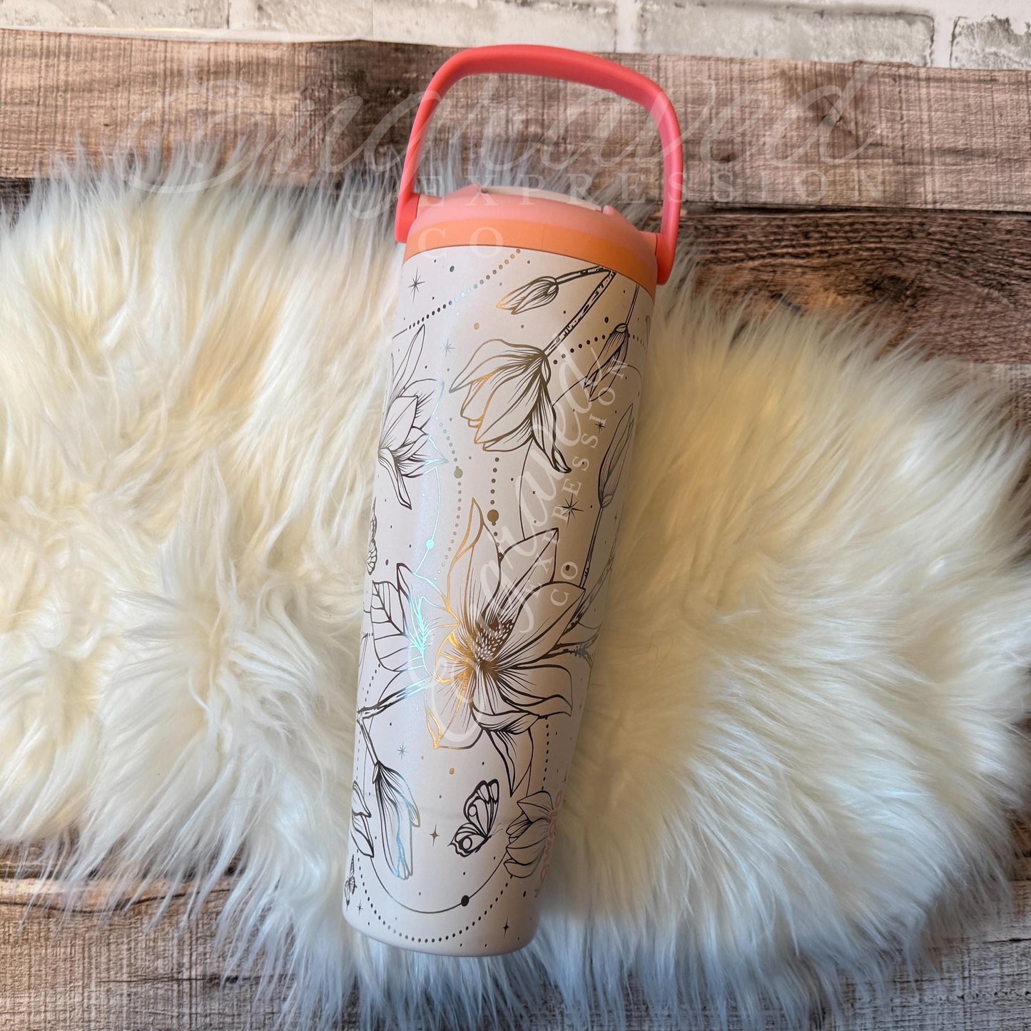 Engraved Owala Tumbler – 40oz Sherbet Magnolia Floral Boho Design, Custom Cup