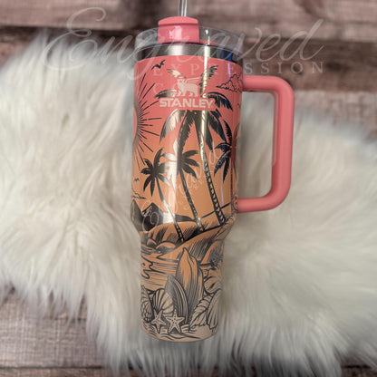 Laser Engraved Tumbler - Personalized Drinkware With Beach Sunset Design & Hibiscus Motif