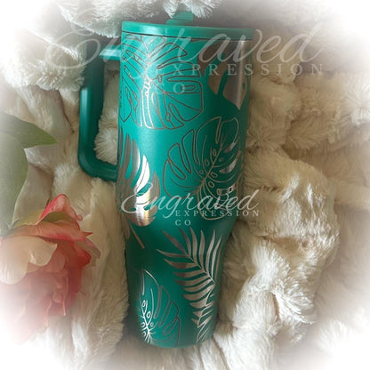 Engraved Hydrojug Traveler – Tropical Summer Drinkware With Monstera Leaf Design
