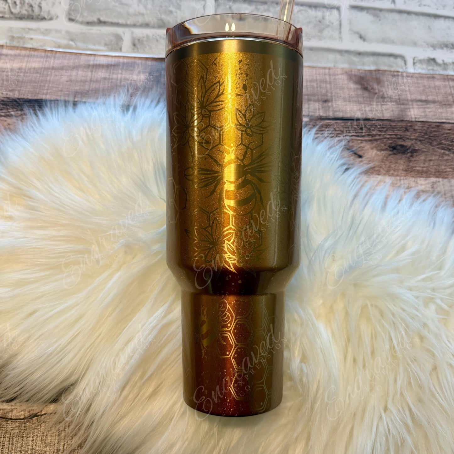 Copper Tinsel Stanley Tumbler - Custom Engraved Stainless Steel Travel Cup With Honeybee Design