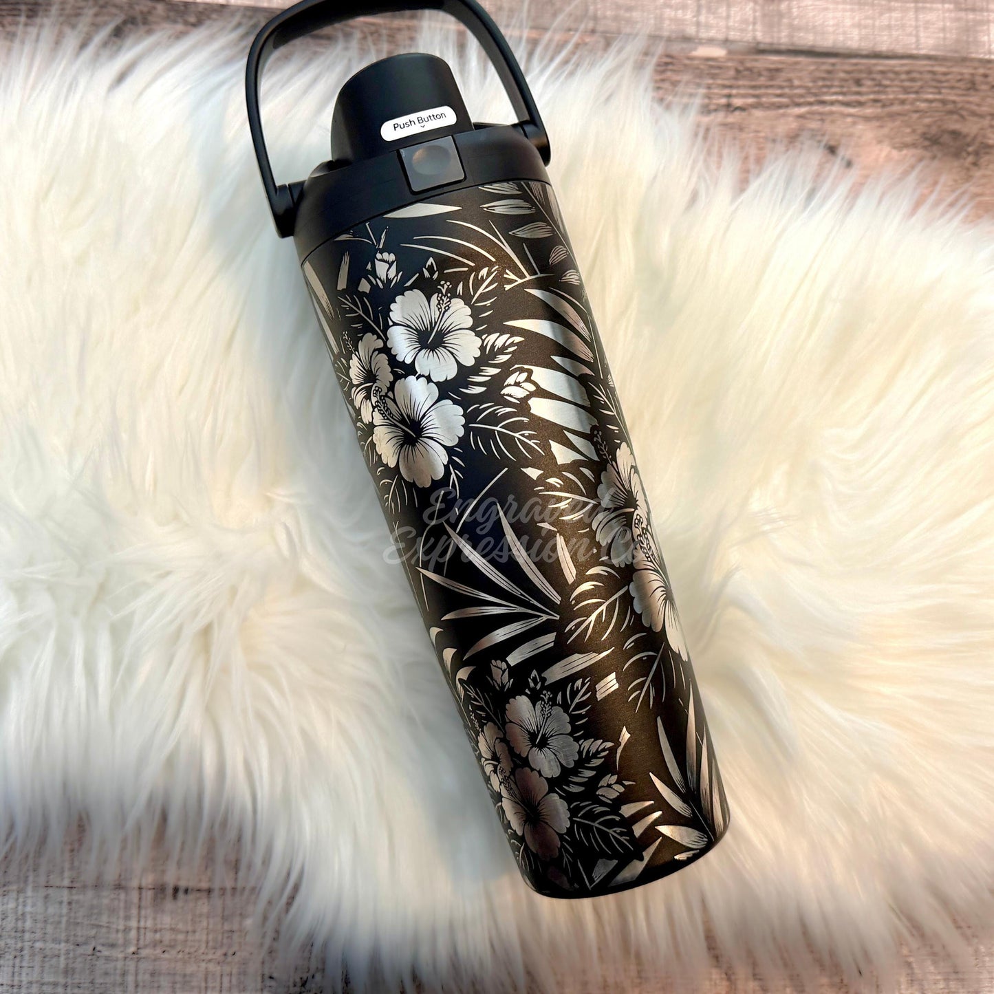 Engraved Owala Bottle | Laser Engraved Water Bottle With Tropical Hibiscus Design