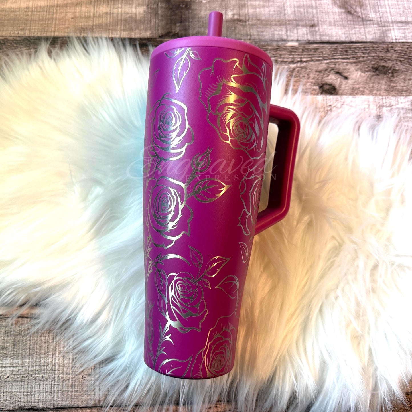 Engraved Brumate Tumbler - 40oz Stainless Steel Cup with Rose Design, Dragonfruit Color