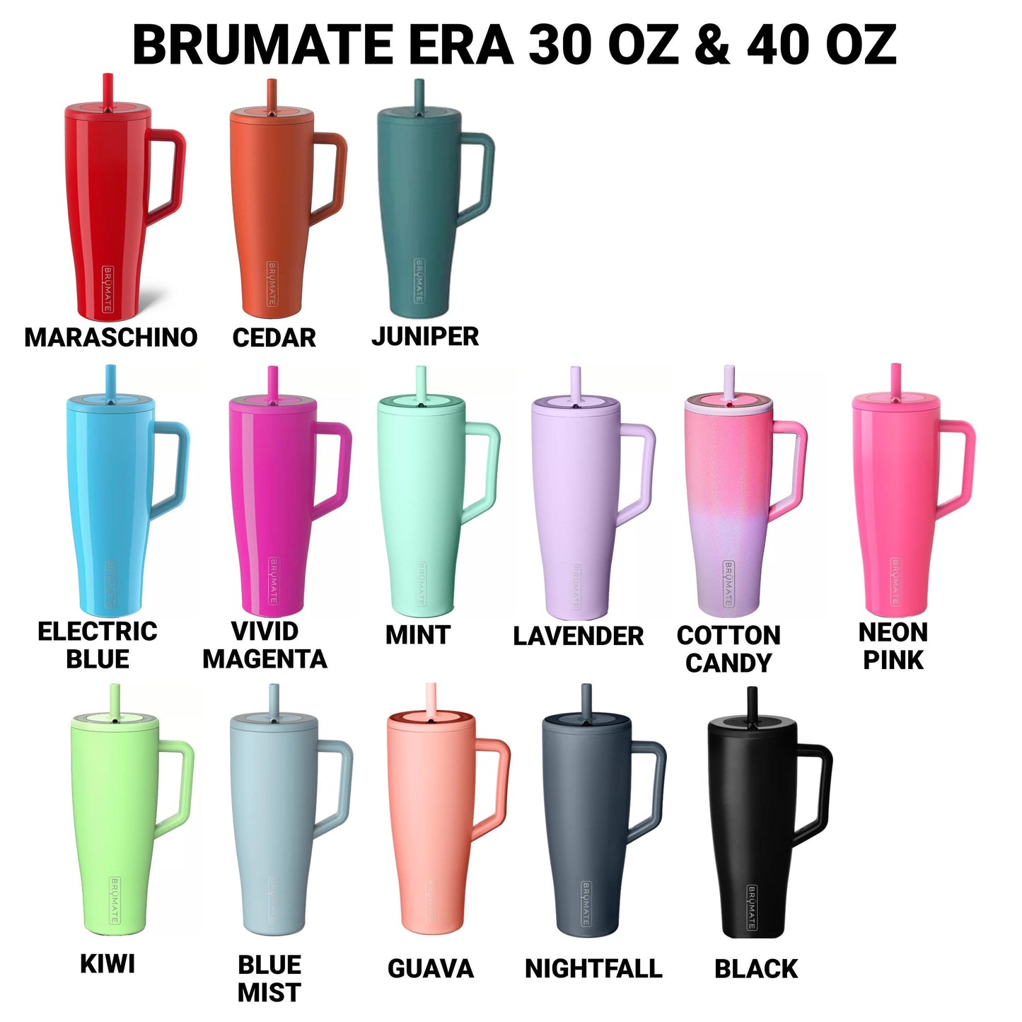 a collection of twelve colorful stainless steel tumblers, each with a different color and design. The tumblers are arranged in a grid format, with four rows and three columns. The colors and designs of the tumblers include Maraschino, CEDAR, Juniper, Kiwi, Blue, Blue Mist, Guava, Nightfall, and Black.